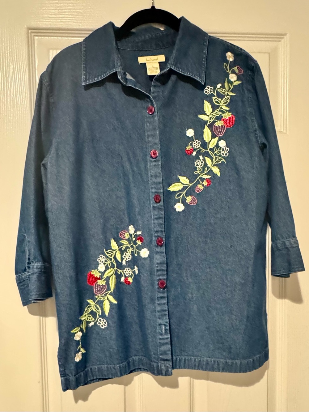 Bechamel Denim Button-Down Shirt with Floral Embroidery - Blue with Red Accents